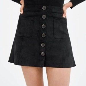 Zara Trf Womens Black Suede Button Up A-Line Mini Skirt Front Pockets Size XS